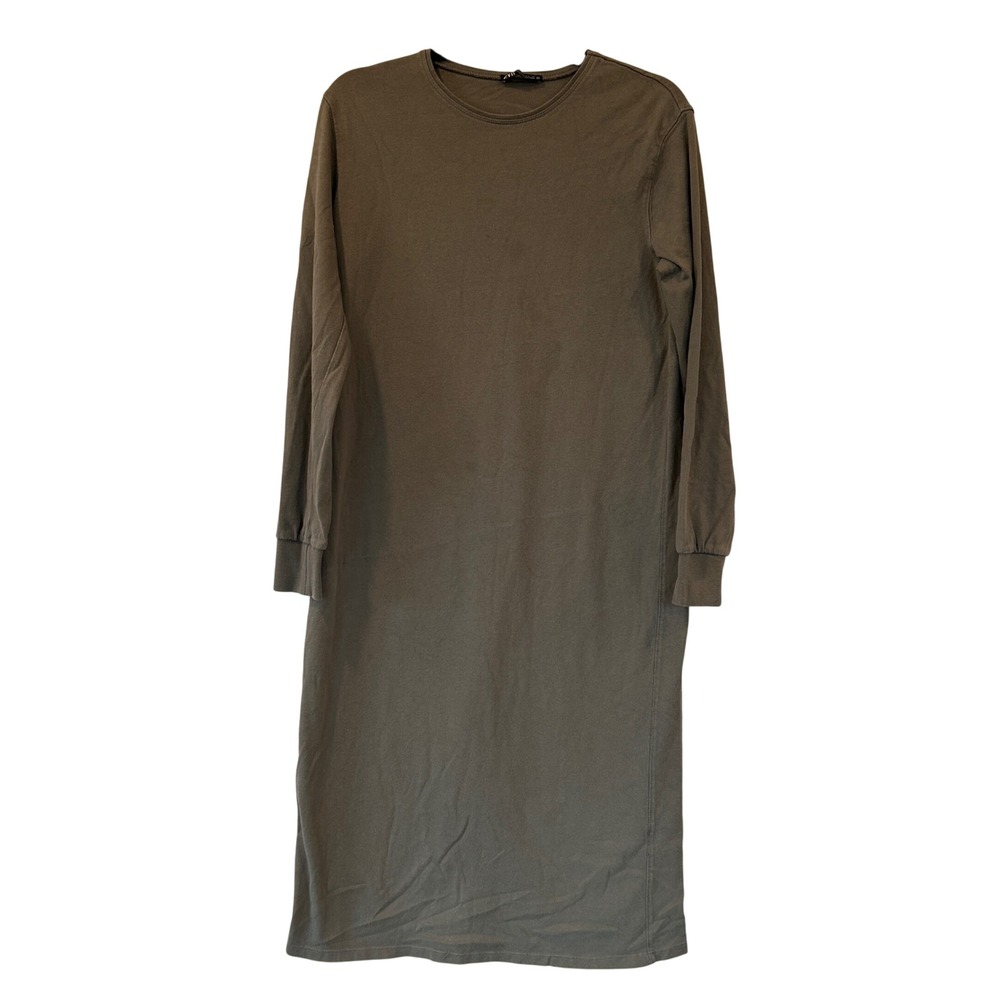Zara Womens Olive Green Long Sleeve T-Shirt Midi Dress Crew Neck Small